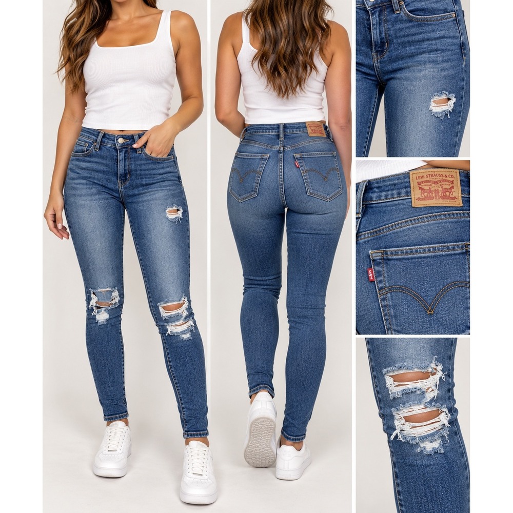 Levis 721 High Rise Skinny Jeans Distressed Medium Wash Blue Denim Size 27